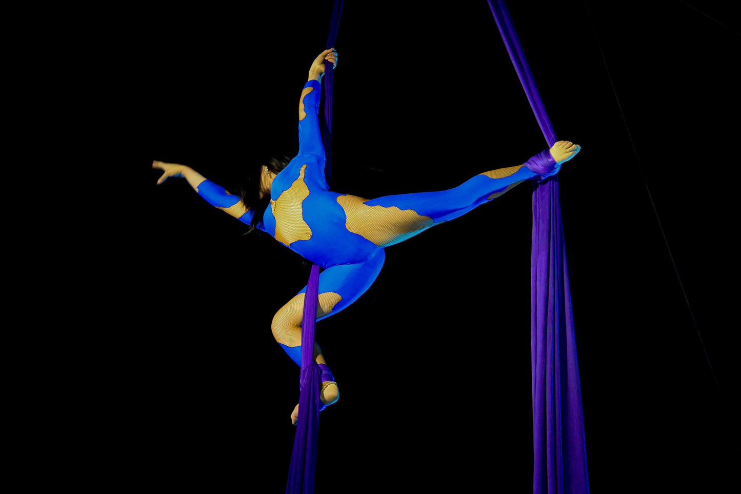 Aerial silks performer in blue on a dark stage.
